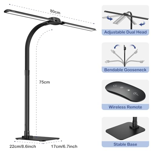 Desk Lamp with USB Charging Port for Home Office 24w Architect Remote Base Dual Task Led Light Modern 5 Color Modes Dimmable Adjustable Gooseneck Double Head Reading Drafting Eye Caring Tall Lamps - color: 360-Black-1