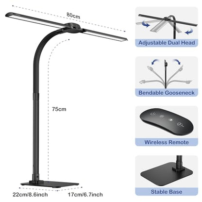 Desk Lamp with USB Charging Port for Home Office 24w Architect Remote Base Dual Task Led Light Modern 5 Color Modes Dimmable Adjustable Gooseneck Double Head Reading Drafting Eye Caring Tall Lamps - color: 360-Black-1