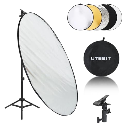 UTEBIT 43"/110cm Photography Reflector with Stand & Clamp | 5-in-1 Multi Disc Translucent/Silver/Gold/White/Black Photography Reflector Collapsible Light Reflector for Studio Outdoor - size: 43 inch