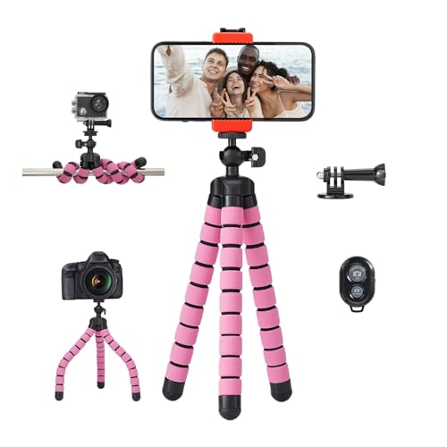 Portable & Flexible Phone Tripod with Wireless Remote & Adjustable Clip – Compact Cell Phone Tripod Stand for Video Recording, Vlogging, and Live Streaming (Pink) - color: Pink