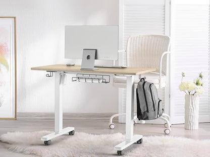 SHW 40-Inch Mobile Electric Height Adjustable Sit to Stand Desk with Drawer, Hanging Hooks and Cable Management, Maple - color: Maple