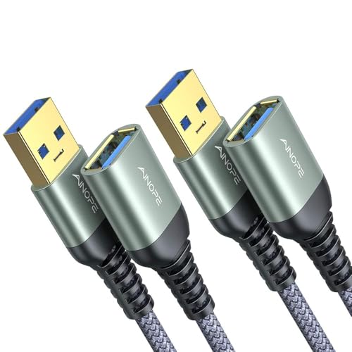 AINOPE 2 Pack USB Extensions Cable High Speed USB 3.0 Extension Cord Type A Male to Female Sturdy Braided Material Fast Data Transfer Compatible with USB Keyboard,Mouse,Flash Drive,Grey,1.5FT+1.5FT - color: Grey, size: 1.5FT+1.5FT