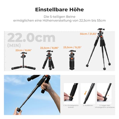 K&F CONCEPT 21.6'' Mini Desk Tripod. | Ball Head, Load up to 13.22 lbs/6 KG, 1/4 inch Quick Shoe Plate, Phone Holder, For DSLR Camera Phone - style: S225A0+BH-25L