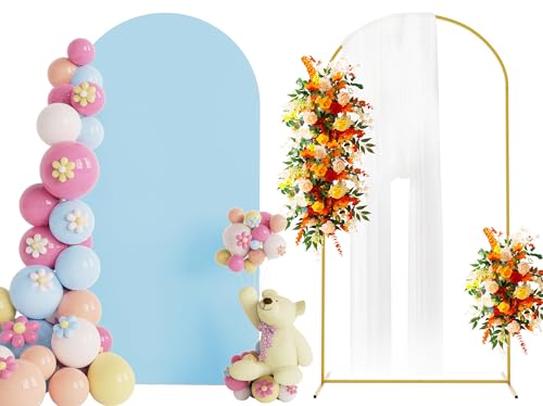 Putros Arch Backdrop Stand and Cover Set, 6.6ft, Gold Arch Stand with Dusty Blue Cover, Metal Arched Background Frame for Wedding, Birthday Party, Baby Shower, Photography Decoration - color: Dusty Blue, size: 6.6ft x 3.3ft