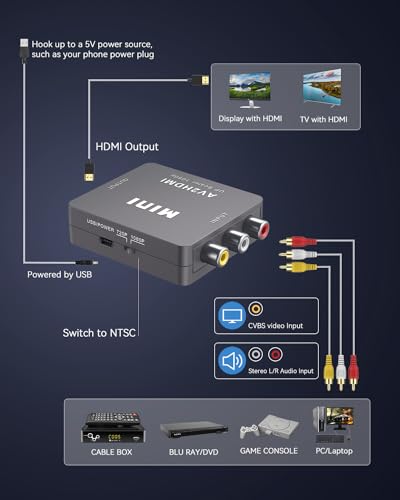 ABLEWE RCA to HDMI,AV to HDMI Converter, 1080P Mini RCA Composite CVBS Video Audio Converter Adapter Supporting PAL/NTSC for TV/PC/ PS3/ STB/Xbox VHS/VCR/Blue-Ray DVD Players, Grey - color: Grey