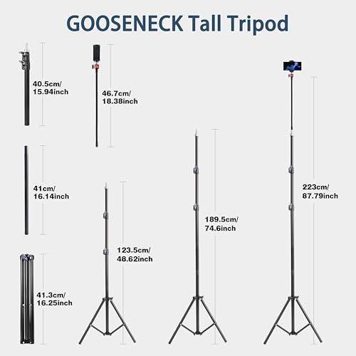 Phone Tripod Stand, UEGOGO 86" Tall Tripod with Flexible Gooseneck & Bluetooth Remote, Adjustable Phone Holder for Video Recording, Selfies, Live Streaming, Compatible with iPhone & Android