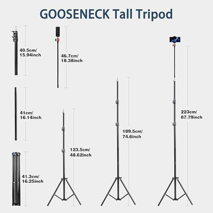 Phone Tripod Stand, UEGOGO 86" Tall Tripod with Flexible Gooseneck & Bluetooth Remote, Adjustable Phone Holder for Video Recording, Selfies, Live Streaming, Compatible with iPhone & Android