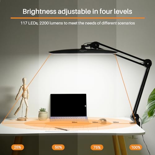 LED Desk Lamp with Clamp,Dimming Task Lamp for Reading Desktop Office Workbench Table Architect Sewing Study Home Craft,Bright 117PCS LEDs,2200 Lumens 20 Inch Metal Swivel Arm Work Lamp(Black) - size: BLACK-NonCCT-Non Protective