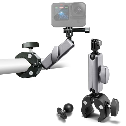 Clamp Camera Mount, Bike/Bicycle/Motorcycle Handlebar Mount for DJI camera | Action 6/5 Pro/4 3/Osmo Nano/Hero 13 12 11 10 9 8 7/Insta 360 X4 X5, with 360° Dual Ball Head, 1/4" Thread Interface Arm