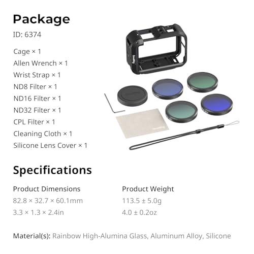 SmallRig Cage for DJI Osmo Action 6 with ND Filter Kit, 4 Pack CPL ND8 ND16 ND32 Snap-On Polarizing Neutral Density Filters, Aluminum Alloy Camera Cage with Cold Shoe, Wrist Strap, Lens Cover - 6374 - style: Advanced Cage+Filter Kit