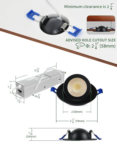 zouzai 2 Inch Gimbal LED Recessed Lights, Black, 6 Pack, with Junction Box, 360°+ 90° Adjustable, 5CCT 2700K-5000K, Dimmable, Canless Eyeball Downlight, CRI90+, 550LM 5W 120V, ETL - color: Black-2 inch, size: 6 Pack