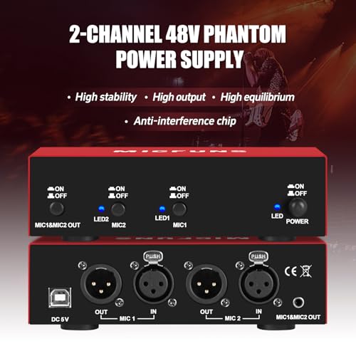 MC new 2 Channel 48V Phantom Power Supply with 3.5mm Audio Cable to Connect Audio Interface for Condenser Microphone Music Recording Equipment (MC2-new red)