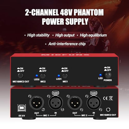 MC new 2 Channel 48V Phantom Power Supply with 3.5mm Audio Cable to Connect Audio Interface for Condenser Microphone Music Recording Equipment (MC2-new red)