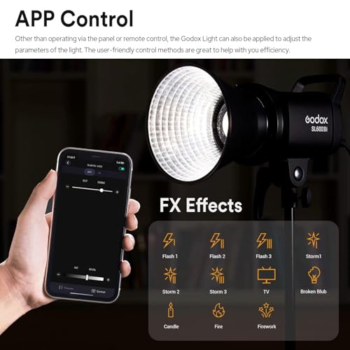 Godox SL60IIBi Bi-Color LED Video Light, 75W 25100Lux@1M CRI 96+ 11 FX Effects APP Control Bowens Mount Photography Continuous Light for Photography&Video