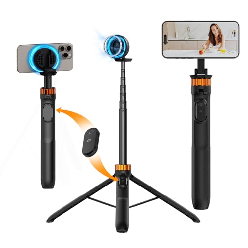K&F CONCEPT 63'' Magnetic Selfie Stick Tripod, Lightweight Cellphone Stand with Wireless Remote, Compatible with iPhone 17 Pro Max/16/15/14/13/12 Series and All Phones - color: Black Orange