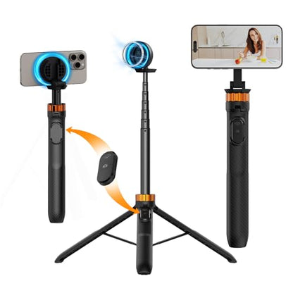 K&F CONCEPT 63'' Magnetic Selfie Stick Tripod, Lightweight Cellphone Stand with Wireless Remote, Compatible with iPhone 17 Pro Max/16/15/14/13/12 Series and All Phones - color: Black Orange