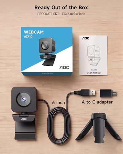 AOC 4K Webcam for PC with Sony Sensor, 1080P 60FPS Streaming Camera with PDAF Autofocus, Privacy Cover, Plug & Play Computer Camera 75° FOV for Zoom/Mac/Switch 2, Includes Tripod & USB A-C Adapter