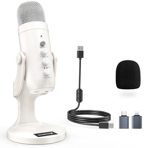ZealSound Podcast Microphone for iPhone PC & Android, Noise Cancellation Mic with Gain Knob, Volume Adjustment & Mute Button, Monitor & Echo, for ASMR Podcasting Recording YouTube & TikTok - K66 White - color: White