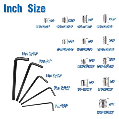 830pcs Set Screw Assortment Kit, Standard SAE + Metric Allen Head Socket Hex Grub Set Screws, Stainless Steel Set Screws for Bathroom Fixtures, Door Handles (M3-M8, 1/8"-40 to 5/16"-18) - size: 830PCS-Silver