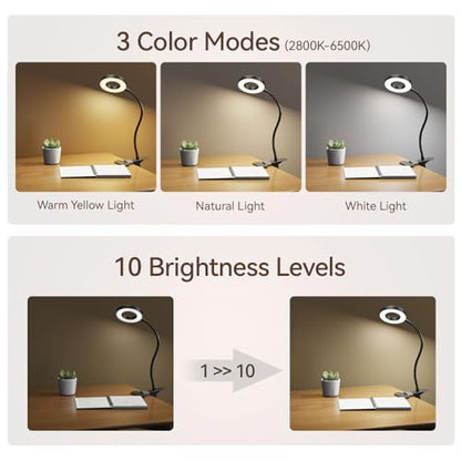 2 Pack LED Clip on Desk Lamp, Metal 360 Adjustable Neck Eye-Caring Clamp Lamp with Memory Function, 3 Color Modes & 10 Brightness Levels for Home, Office, Dorm, Bedroom - style: Clip-on Desk Lamp-2Pcak