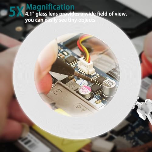YOUKOYI LED Magnifying Lamp Metal Swing Arm Magnifier Lamp -10 Levels Brightness, 3 Color Modes, 5X Magnification, 4.1" Diameter Glass Lens, Adjustable Industrial Clamp for Reading/Office/Work (White) - color: White1