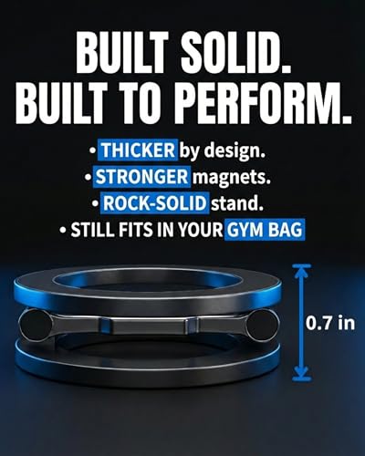 BLAUBECK Thick Gym Magnetic Phone Mount & Stand – Dual-Sided Strong Magnet Holder for MagSafe & Android – All Metal Zinc Alloy – Adjustable Kickstand – Attaches to Metal Surfaces – Not Pocket Size