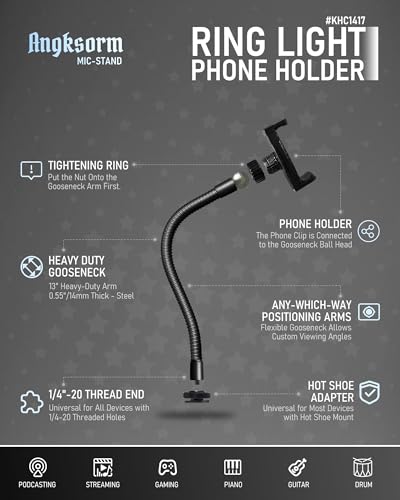KHC1417 Ring Light Phone Holder with Flexible Heavy-Duty Gooseneck Arm – Adjustable Smartphone Mount with Hot Shoe Adapter for Tripods, Camera Mounts, iPhone & Android, 13-INCH - size: 13" with Hot Shoe