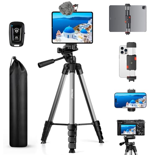 MACTREM 67" Tripod Stand for iPad iPhone Tablet Camera with 2 in 1 Mount & Wireless Remote, Aluminum Extendable Phone Tripod for Video Recording/Selfies/Live Stream/Vlogging (Grey) - color: Grey