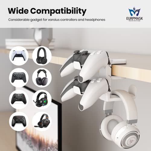 3-in-1 PC Gaming Headset&Controller Holder - EURPMASK Headphone Stand w/Adjustable Clamp&2 Controller Holder&Rotating Arm&Cable Organizer, Universal PC Gaming Accessory Controller Headset Stand-White - color: White