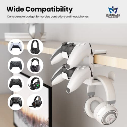 3-in-1 PC Gaming Headset&Controller Holder - EURPMASK Headphone Stand w/Adjustable Clamp&2 Controller Holder&Rotating Arm&Cable Organizer, Universal PC Gaming Accessory Controller Headset Stand-White - color: White