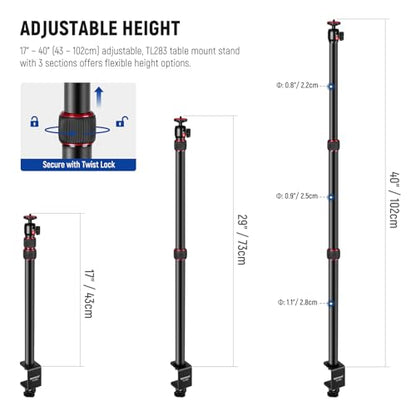 NEEWER Camera Desk Mount with Holder & 360° Ball Head, 17"-40"/43-102cm Telescopic C Clamp Table Light Stand 1/4" Screw, Desktop Stand 6.6lb/3kg Max Load for DSLR Camera, Webcam, Ring Light,TL283 - style: TL283 Red w/Phone Holder