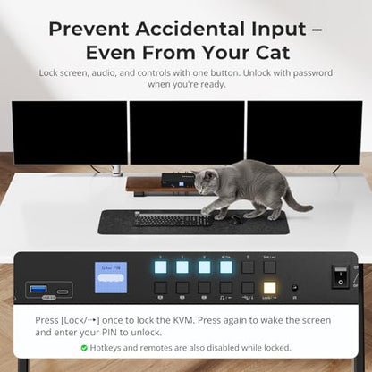TESmart USB 3.0 HDMI+DP+USB C KVM Switch 3 Monitors 4 Computers 4K@60Hz, 4 Port Triple Monitor KVM Switch MST, 60W PD for Laptop, 1G Ethernet, EDID Emulators, Hotkey Switch, Rack-Ears