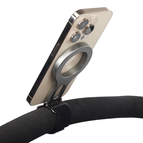 Magnetic Phone Holder for Bar, Stroller, Shopping Cart, [Strong Magnet] 180° Adjustable for Gym, Home Fitness Bikes with Adjustable Strap, All Phone (Magnetic Ring Included) - color: Silver Gray