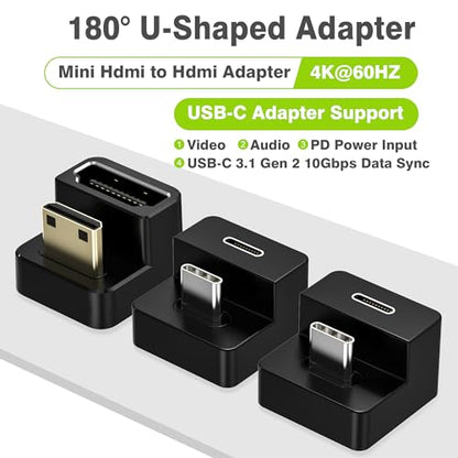 AGVEE 180 Degree Angled USB-C to USB-C Adapter and Short Side Inward U-Shaped Mini HDMI to HDMI Converter, HDMI 2.0 4k@60HZ, Coupler Extender Extension for Portable Display Monitor, Black - size: 1 Pack Short Side Inward