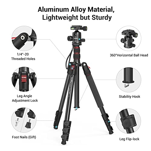 SmallRig Camera Tripod, 71" Foldable Aluminum Tripod/Monopod, 360°Ball Head Detachable, Payload 33lb, Adjustable Height from 16" to 71" for Camera, Phone - style: 71"