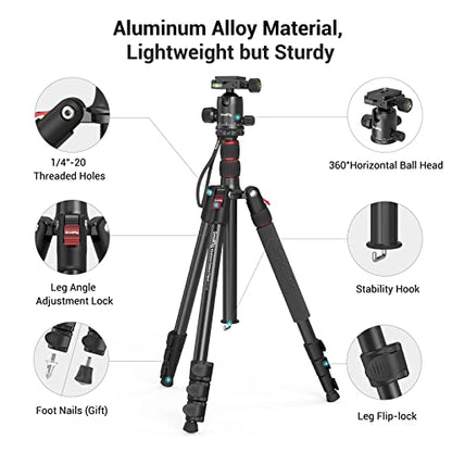 SmallRig Camera Tripod, 71" Foldable Aluminum Tripod/Monopod, 360°Ball Head Detachable, Payload 33lb, Adjustable Height from 16" to 71" for Camera, Phone - style: 71"