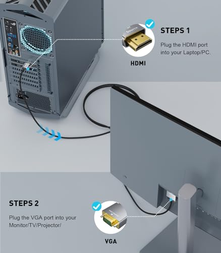 HDMI to VGA Adapter Cable 10FT [Metal Case, Nylon Cable] 1080P@60Hz HDMI Male to VGA Male Uni-Directional Braided Cord for Computer, Laptop, Monitor, Roku, Xbox, Graphics Card More - size: 10FT