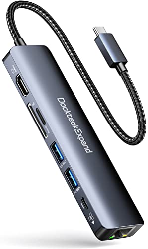 USB C Hub Ethernet, DockteckExpand 7-in-1 Multiport Adapter Type C to 4K@60Hz HDMI, Gigabit Ethernet, 100W PD Charging, 2 USB 3.0, SD/TF Card Readers, for MacBook Pro/Air, iPad Pro/Air, XPS and More - color: 7 IN 1