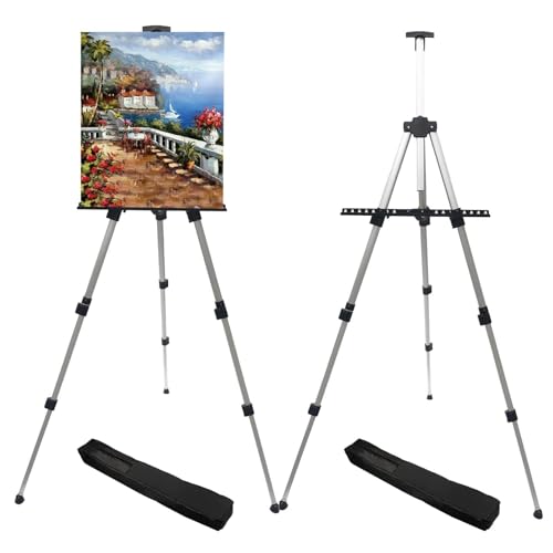 RRFTOK Silver 2 Pack 17-66 Inch Art Easel Stand for Painting and Sign | Two portable aluminum tripod easels for display stand, canvas holder, adults, floor, sign and poster stand use - style: 66S 2pack