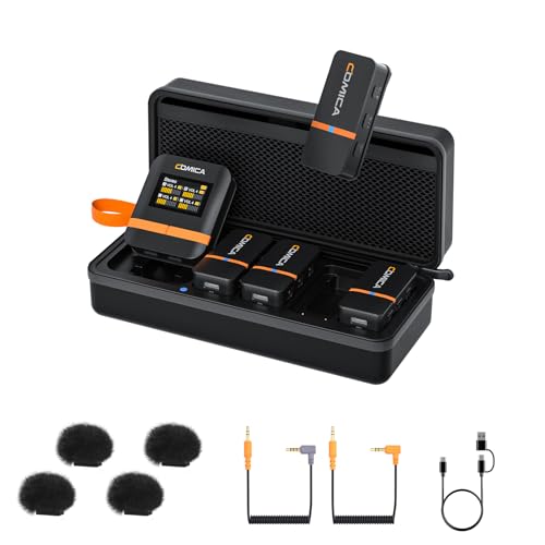 COMICA Vimo Q 4 Channel Wireless Lavalier Microphone System with Noise Reduction, 4 Audio Tracks Output, 656ft Range, Wireless Mic for Cameras iPhone Android,Wedding/Video Recording/Livestream - color: Black