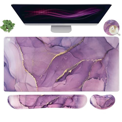 Large Mouse Pad and Keyboard Wrist Rest, Desk Pad for Keyboard and Mouse, 4-in-1 Large Gaming Mouse Pad with Wrist Support, Desk Mat for Home Office Study Game-Purple - color: Purple Texture