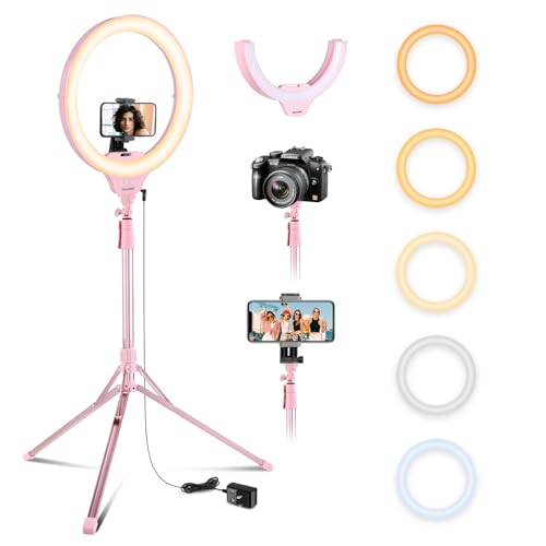 Aureday 14'' Pink Selfie Ring Light with 62'' Tripod Stand and Phone Holder, Dimmable LED Phone Ringlight for Makeup/Video Recording/Photography, Circle Lighting for Cell Phones&Lightweight Cameras - color: PINK, size: 14in-phone