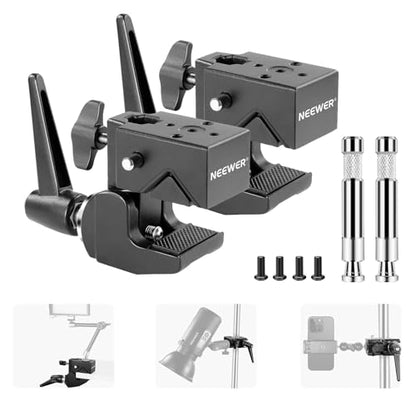NEEWER 2 Pack Super Clamp with 5/8" Stud, Spring Lock, 2.4" Jaw Grip Heavy Duty Crab Pole Clamp for Round Pipe Flat Surface, for Photography Studio Camera Lighting Mounting, Max Load 33lb/15kg, UA017 - style: UA017(2 Pack）