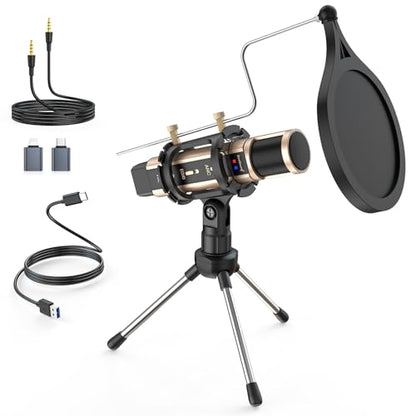 ZealSound USB Podcast Microphone for iPhone, iPad, Android, PC & Laptop, Condenser Mic with Noise Reduction, Mute, Headphone Monitoring & Echo Control for ASMR, Podcast, Streaming, Gaming