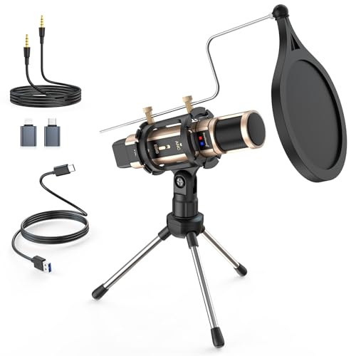 ZealSound USB Podcast Microphone for iPhone, iPad, Android, PC & Laptop, Condenser Mic with Noise Reduction, Mute, Headphone Monitoring & Echo Control for ASMR, Podcast, Streaming, Gaming
