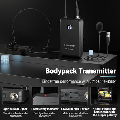 Phenyx Pro Dual UHF Wireless Microphone System，Auto-Scan Cordless Mic Set w/ 2x100 Frequencies, 2 Bodypacks & Headsets/Lapel Microphones for Speaking, Singing, Church, DJ (PTU-71-2B)
