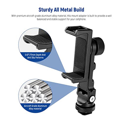 NEEWER Metal Cell Phone Tripod Mount Adapter with 4 Cold Shoes & Three 1/4" Screw Holes, 360° Horizontally Rotatable, 180° Tiltable Phone Holder Compatible with iPhone Samsung for Vlogging Streaming - style: PA1