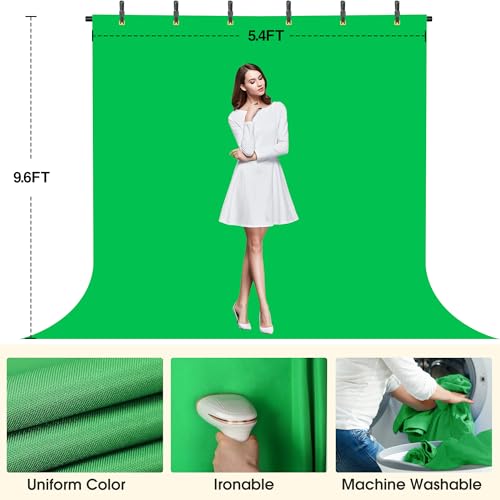 Green Screen Backdrop with Stand, 8x5.3ft Portable Greenscreen Background with Stand, T-Shape Green Screen Stand kit with 6 Spring Clamps, Sandbag, Carry Bag for Zoom, Video - size: 8x5.3 FT