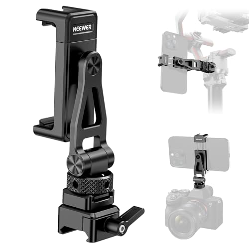 NEEWER Metal Phone Tripod Mount with Cold Shoe NATO Clamp Compatible with DJI RS5 RS4 RS3 Pro RS2 RSC2 Gimbal Stabilizer, 180° Tilt Phone Clip Holder Compatible with iPhone 15 Pro Camera Cage, GA010 - style: GA010 with Nato Clamp