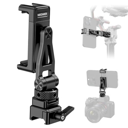 NEEWER Metal Phone Tripod Mount with Cold Shoe NATO Clamp Compatible with DJI RS5 RS4 RS3 Pro RS2 RSC2 Gimbal Stabilizer, 180° Tilt Phone Clip Holder Compatible with iPhone 15 Pro Camera Cage, GA010 - style: GA010 with Nato Clamp